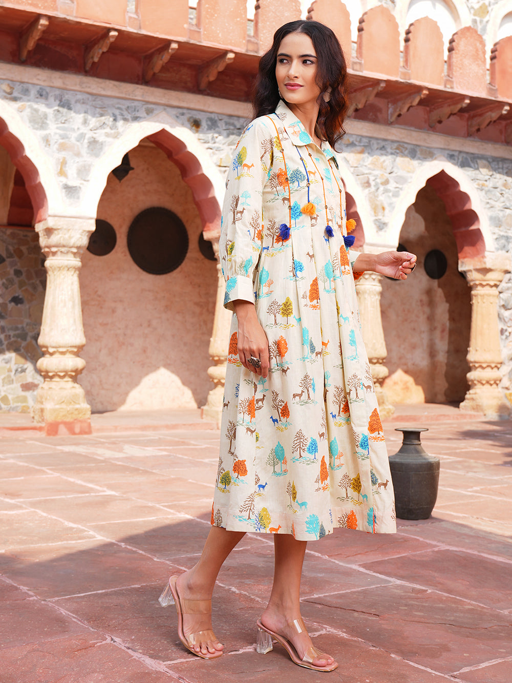Beige Pintuck Dori Cotton Dress