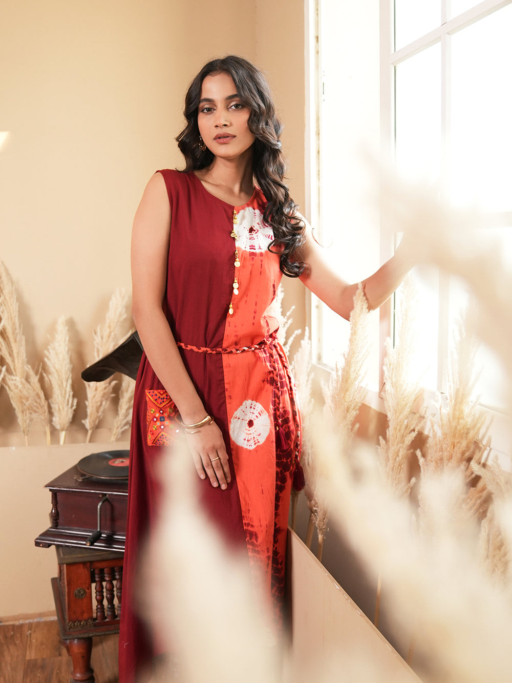Orange Maroon Shibori Dress