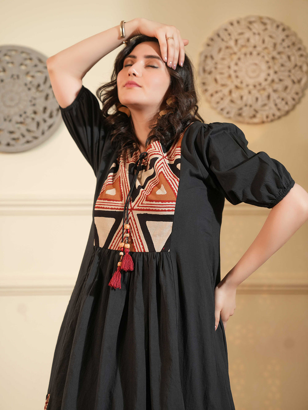 a line ethnic dress Black Cotton A-Line Ethnic Dress with Printed Panels