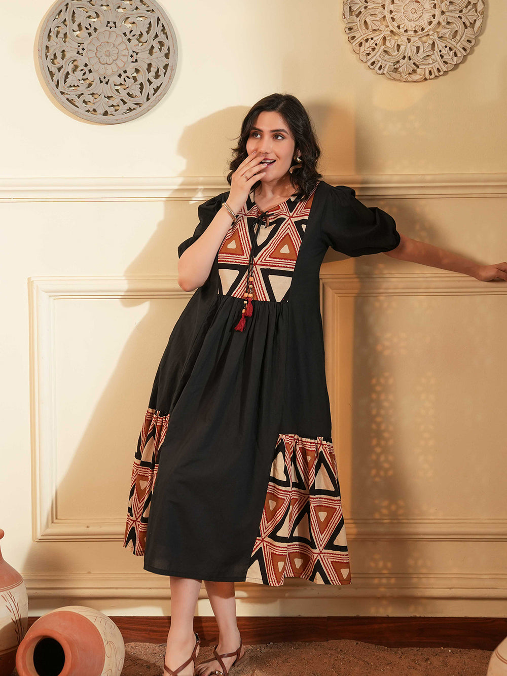 chinese dress ladies Women Blue Ethnic Motifs Printed Cotton A-Line Dress