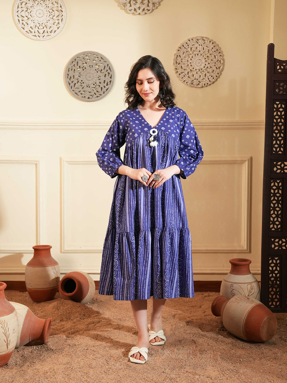 Blue Cotton A-Line Ethnic Dress with V-Neck
